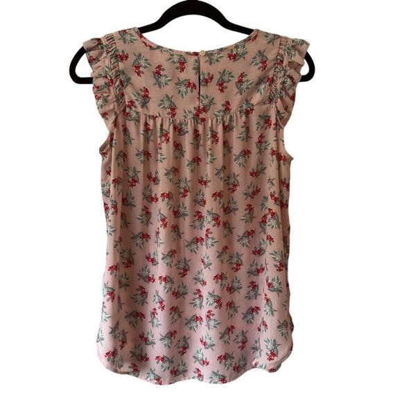 LOFT Petite Small Spring Leaf Flutter Shell Floral Blouse - Pink Red Green - Picture 2 of 7
